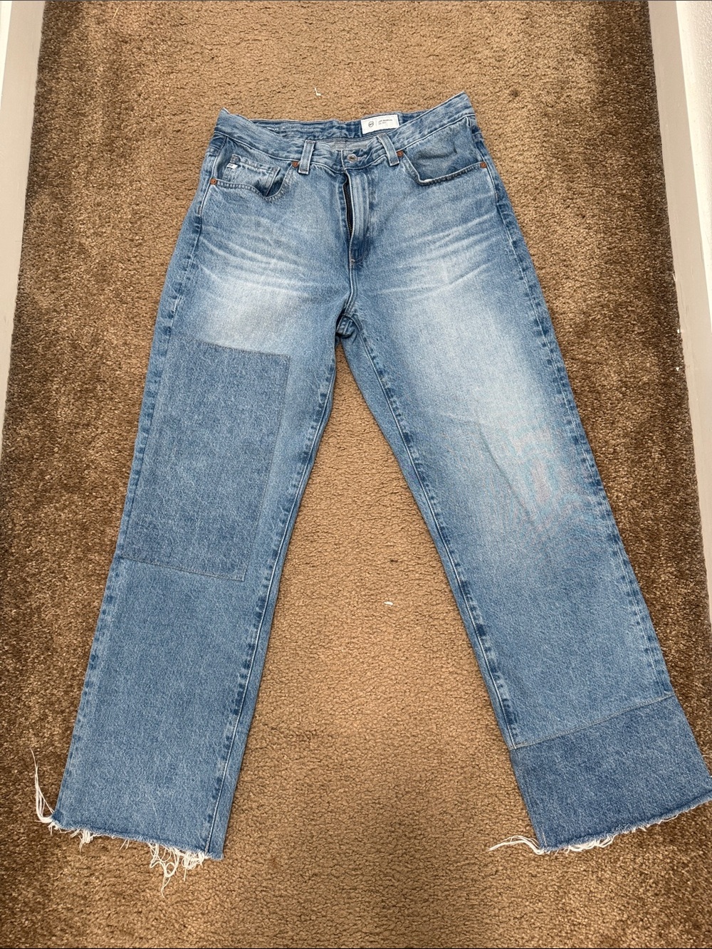 AG Adriano Goldschmied Men’s Light Blue Patchwork Straight Jeans